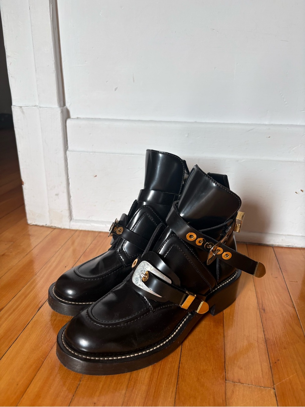Balenciaga Black Leather Ankle Strap Boots with Gold Hardware
